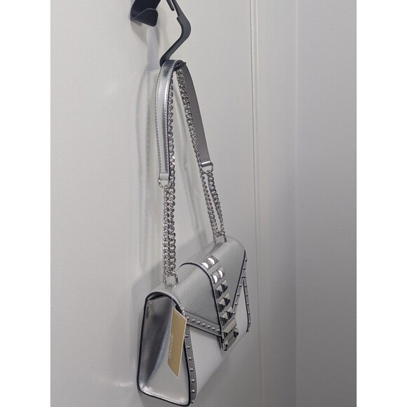 Michael Kors Studded Whitney Bag - Silver, White, Leather,Adjustable Chain Strap - Picture 12 of 14